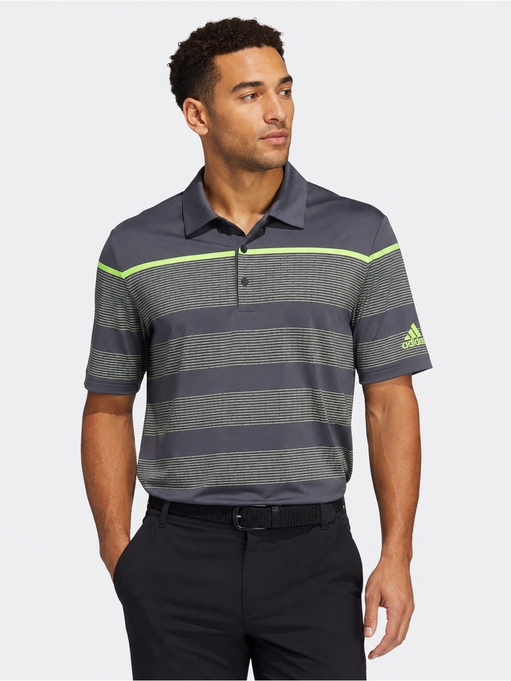 Adidas Men’s Gray Polo with Neon Green Stripe Size L